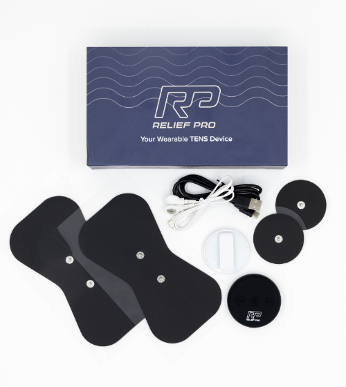 Relief Pro wearable TENS kit – device, pad and charging cable